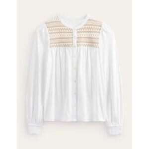 Boden White Button-Front Blouse with Tan Embroidered Yoke